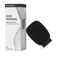 A white and black box beside a black exfoliating mitt